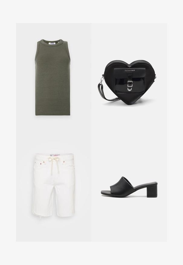Olivenfarget ermeløs tanktop laget av ribbet stoff. Har rund hals og rett hem. Merkelappen er synlig inni.; Hvite denimshorts med frynsete kant, med strikk i livet, fem lommer og detaljer i kobberfarge.; Sorte skinn mules med blokkheel og åpen tå, med en glatt overflate og lett buet overdel for komfort og stil.; Sorte hjerteformet veske laget av patentlær med en frontlomme som har spenne-lukking og avtagbar stropp. Sølvfargede detaljer.