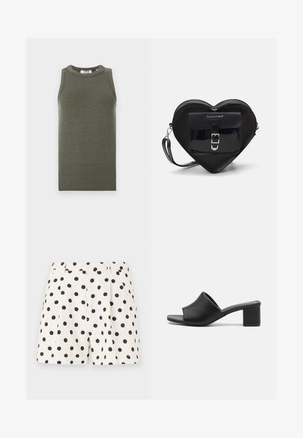 Olive green, sleeveless tank top made from ribbed fabric. Features a round neckline and straight hem. Brand label visible inside.; White shorts made of linen with a black polka dot pattern. Features pleats and side pockets. Fitted waist with a clean finish.; Black leather block-heeled mules with an open toe, featuring a smooth surface and slightly curved upper for comfort and style.; Black heart-shaped bag made of patent leather with a front pocket featuring a buckle closure and a detachable strap. Silver hardware accents.