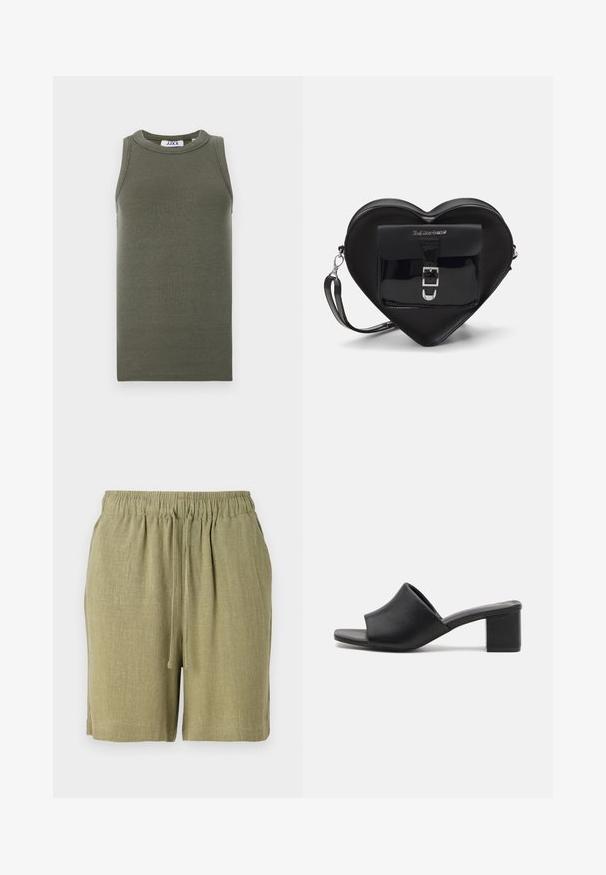 Olivgrünes, ärmelloses Tanktop aus geripptem Stoff. Mit runder Ausschnittform und geradem Saum. Markenetikett innen sichtbar.; Olivgrüne Shorts aus einem strukturierten, atmungsaktiven Stoff. Mit elastischem Bund und Kordelzug für eine verstellbare Passform.; Schwarze Leder-Mules mit Blockabsatz und offenem Zehenbereich, mit einer glatten Oberfläche und einem leicht geschwungenen Schaft für Komfort und Stil.; Schwarze, herzförmige Tasche aus Lackleder mit einer Vordertasche, die über einen Schnallenverschluss verfügt, sowie einem abnehmbaren Trageriemen. Silberne Hardware-Details.