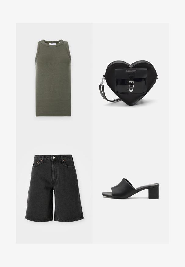 Olíva zöld, ujjatlan trikó, bordázott anyagból készült. Kerek nyakkivágással és egyenes szegéllyel rendelkezik. A márkajelzés belül látható.; Fekete farmer rövidnadrág magas derekkal, öt zsebbel, réz szegecsekkel és sötét mosott felülettel. Egyenes szárú szabás, tiszta szegéssel.; Fekete bőr, tömbsarkú mules nyitott orral, sima felülettel és enyhén ívelt felső résszel a kényelem és a stílus érdekében.; Fekete szív alakú táska lakkbőrből, elülső zsebbel, csattal záródik és levehető pánttal rendelkezik. Ezüst színű kiegészítők.
