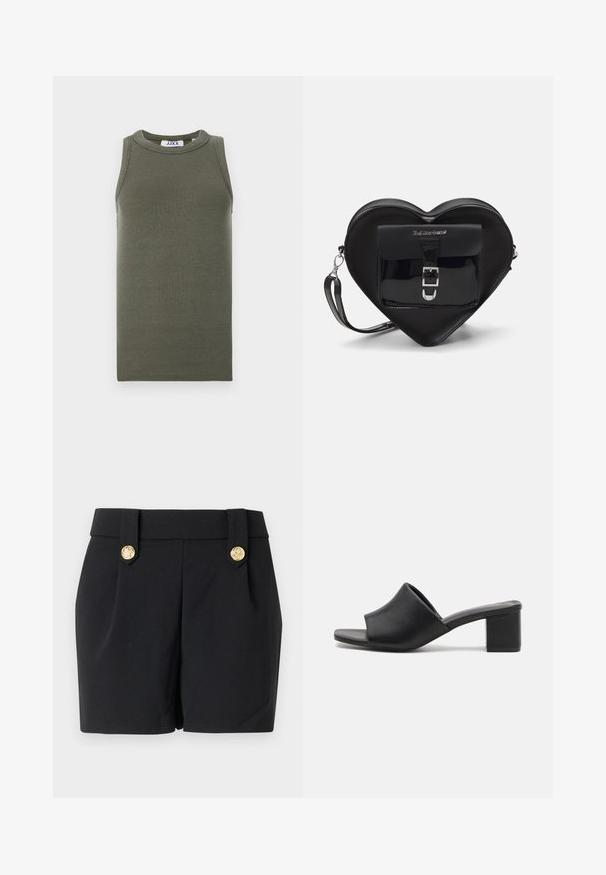 Olive green, sleeveless tank top made from ribbed fabric. Features a round neckline and straight hem. Brand label visible inside.; Black shorts with a tailored design, featuring gold-tone decorative buttons and a smooth texture. No pockets or visible seams.; Black leather block-heeled mules with an open toe, featuring a smooth surface and slightly curved upper for comfort and style.; Black heart-shaped bag made of patent leather with a front pocket featuring a buckle closure and a detachable strap. Silver hardware accents.