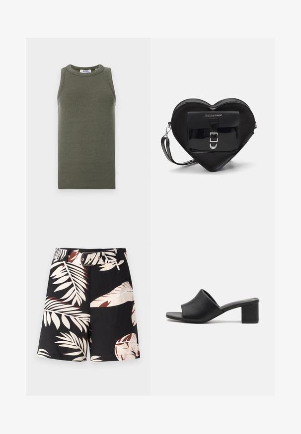 Olivenfarget ermeløs tanktop laget av ribbet stoff. Har rund hals og rett hem. Merkelappen er synlig inni.; Svart shorts med et tropisk bladmønster i beige og rustfarger. Har et matchende belte med gullhardware og en klassisk snitt.; Sorte skinn mules med blokkheel og åpen tå, med en glatt overflate og lett buet overdel for komfort og stil.; Sorte hjerteformet veske laget av patentlær med en frontlomme som har spenne-lukking og avtagbar stropp. Sølvfargede detaljer.