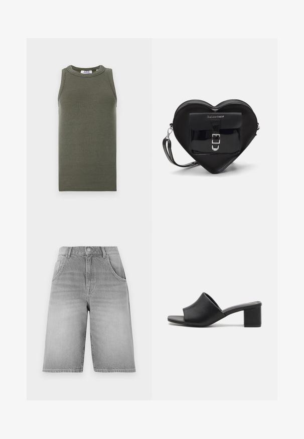 Olivenfarget ermeløs tanktop laget av ribbet stoff. Har rund hals og rett hem. Merkelappen er synlig inni.; Grå denimshorts med rett snitt, med knapp- og glidelås-lukking, to frontlommer og en falmet tekstur.; Sorte skinn mules med blokkheel og åpen tå, med en glatt overflate og lett buet overdel for komfort og stil.; Sorte hjerteformet veske laget av patentlær med en frontlomme som har spenne-lukking og avtagbar stropp. Sølvfargede detaljer.