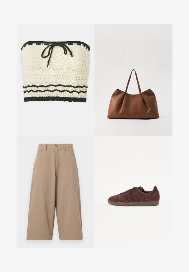 Neulecrop-top valkoisessa värissä, jossa on teksturoitu kuvio, musta elastinen nauha ylhäällä ja alhaalla sekä etuosassa solmimisdetalji.; Khaki levele-legged trousers made of cotton, with a high waist, front pockets, and a single button closure. Smooth texture and straight cut.; Ruske nubuk-tossor med lav profil, som har tre sidestreker, en teksturert gummisåle og rund tådesign.; Ruskea nahkainen olkalaukku, jossa on pehmeä ja kaareva muotoilu. Laukussa on poimutettu pinta ja kaksi vankkaa kahvaa. Minimalistiset ompeleet korostavat ulkonäköä.