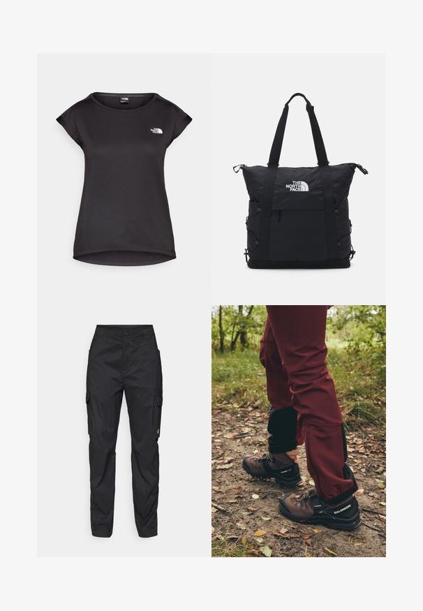 The North Face TANKEN TANK - T-skjorte til trening - black; Svarte cargo-bukser laget av lett stoff. Funksjoner inkluderer to sidelommer og to lommer på lårene, med knappelukking og beltehemper.; Brune fotturer med sorte detaljer og robuste såler, kombinert med mørkerøde vanntette bukser med sorte sidelapper og glidelåser.; Svart totebag med polstret design, toppglidelås, to korte stropper og logo foran; har sidelommer og justerbare stropper.
