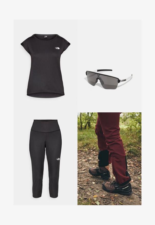 The North Face TANKEN TANK - Sportska majica - black; Crne capri tajice izrađene od rastezljivog materijala, s visokim strukom i malim bijelim logotipom s lijeve strane. Glatka tekstura.; Smeđe planinarske čizme s crnim naglascima i robusnim potplatima, uparene s tamnocrvenim vodootpornim hlačama koje imaju crne bočne panele i zatvarače.; Crne i sive sunčane naočale s velikim, anguliranim dizajnom. Imaju matirani završetak i bijele naglaske na krakovima. Tamno obojeni leće.