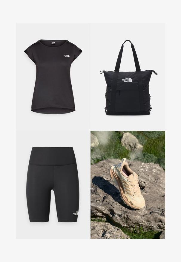 The North Face TANKEN TANK - Sport T-Shirt - black; Schwarze, hochgeschnittene, sportliche Biker-Shorts mit flachen Nähten und The North Face-Logo am unteren linken Bein.; Beige Sport-Schuh mit strukturiertem Obermaterial, Gummisohle und Mesh-Details. Verfügt über dezente Markenkennzeichnung und einen gepolsterten Kragen für zusätzlichen Komfort.; Schwarze Tragetasche mit gepolstertem Design, oberen Reißverschluss, zwei kurzen Griffen und Logo auf der Vorderseite; verfügt über Seitentaschen und verstellbare Riemen.