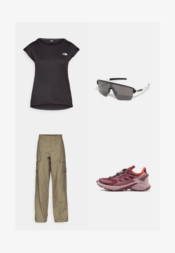 The North Face TANKEN czarny; Pantalony cargo w oliwkowym kolorze, wykonane z luźnego materiału, z wieloma bocznymi kieszeniami i zapięciem na guzik w talii. Gładka tekstura.; Buty do biegania w terenie w kolorze burgundowym i różowym. Posiadają siateczkową cholewkę, lekką podeszwę oraz dynamiczny system przyczepności z widocznymi wypustkami. W zestawie znajduje się elastyczny system sznurowania.; Czarne i szare okulary przeciwsłoneczne o dużym, kanciastym kształcie. Posiadają matowe wykończenie i białe akcenty na ramionach. Ciemne soczewki.