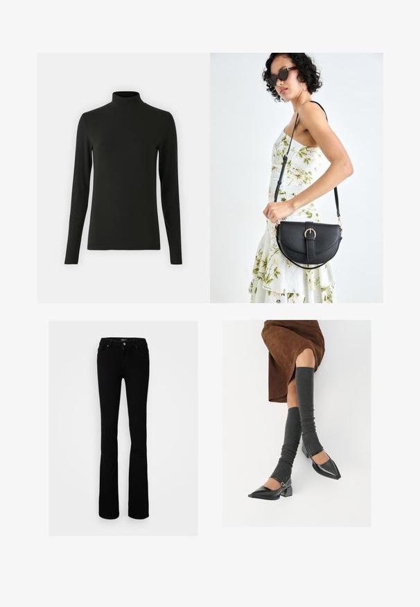 Svart langermet høyhalset genser laget av glatt, elastisk stoff; har høy hals og tettsittende silhuett. Ingen mønstre eller detaljer.; Svart stretch denim flared jeans med knappelukking, fire lommer og en glatt tekstur, designet for en tettsittende silhuett.; Sorte lakkpumps med spiss tå, blokkhel, og ankelstropp, kombinert med grå ribbestrikkede beinvarmere og et brunt semsket skinn skjørt.; Svart lærveske med en buet form, avtagbar stropp og gullbeslag. Vesken har et klaff med spenne-detall.