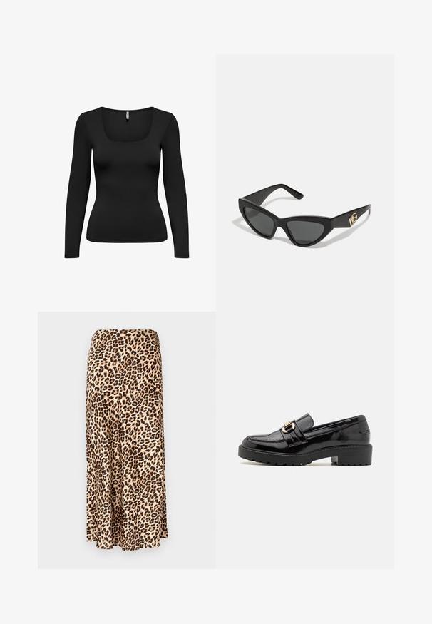 Svart langermet topp med firkantet utringning. Laget av glatt, elastisk stoff. Tett design som smalner inn ved midjen. Sømløse skuldre.; Leopardmønstret lang skjørt laget av glatt stoff. Lysebrun bunn med svarte og brune flekker. Utsvingt design med rett kant.; Sorte patentlæder loafers med lav blokhæl, der har en fremtrædende gold-tone spænde og struktureret, rillede ydersål.; Kattøye solbriller med ramme i matt svart plast, mørke linser og en gull logoaccent på stangen. Vinklet design og jevn tekstur.