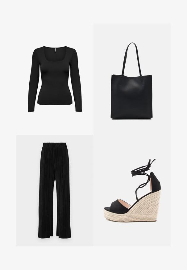 Black long-sleeve top with a square neckline. Made of smooth, stretchy fabric. Fitted design tapering at the waist. Seamless shoulders.; Black pleated trousers with an elastic waistband. Features wide legs and a smooth, textured fabric with vertical stripes.; Black suede wedge sandals with a woven jute platform, featuring crossed ankle straps and an open toe design.; Black leather tote bag with smooth texture, rectangular shape, and two long handles. No visible hardware or embellishments.