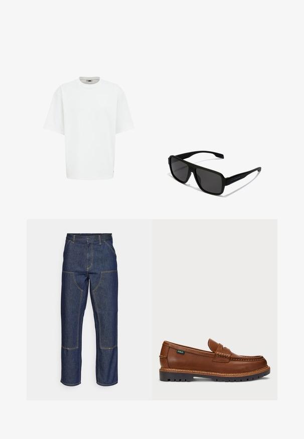Balta īsām piedurknēm T-kreklā ar apaļu apkakli, izgatavota no gludas auduma, ar brīvu piegriezumu un smalku logo birku sānos.; Tumši zili džinsi ar augstu jostasvietu, taisnu kāju dizainu, kontrastējošām šuvēm un kabatām priekšā.; Brūni ādas loafers ar dekoratīvu šuvumu un teksturētu purngalu. Zole ir izstrādāta ar izturīgu dizainu, nodrošinot saķeri un ilgnoturību.; Hawkers PARLAY - Saulesbrilles - black