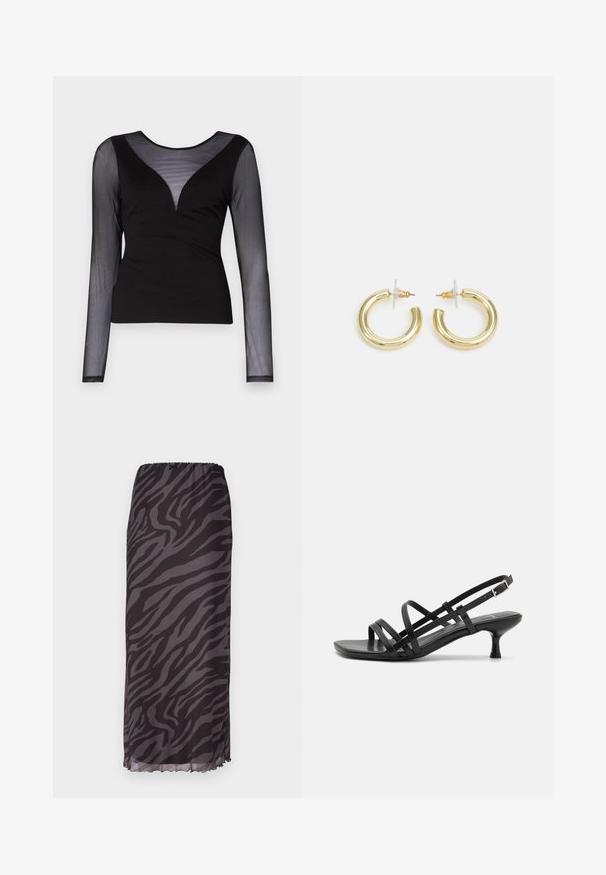 ONLY ONLBECKI BODYTOP - Longsleeve - black; Maxi-rok van lichtgewicht stof, met een zwart en grijs zebra patroon, elastische tailleband en geschulpte zoom.; Zwarte pumpsandalen met meerdere kruissluitingbandjes. Gladde stof, spitse neus en smalle hak. Verstelbare enkelband met gesp.; Gouden creolen met een gladde, glanzende afwerking. Circulaire vormgeving met een kleine post en een doorzichtige achterkant voor een veilige draagervaring.