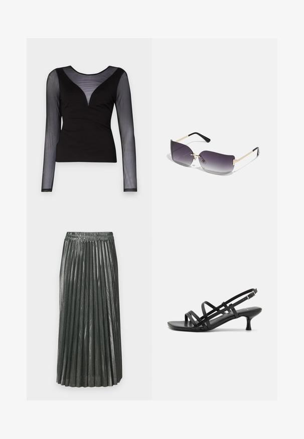 ONLY ONLBECKI BODYTOP - Ilgarankovis viršutinės dalies drabužis - black; Metallic žalia klostuota sijonas su elastinga juosta. Sijonas turi siauras vertikalias klostes ir vidutinio ilgio dizainą, sukuriantį struktūrizuotą siluetą.; Juodos aukštakulnės šlepetės su keliais perrištomis juostelėmis. Lygi medžiaga, smailas nosis ir siauras kulnas. Reguliuojama kulkšnies juostelė su sagtimi.; Akiniai nuo saulės su pilku gradientiniu lęšiuku, aukso metalo rėmu ir juodomis plastikinėmis detalėmis. Išskirtiniai drugelio formos lęšiai su plonomis kojelėmis.; Aukso auskarai su lygiu, blizgiu paviršiumi. Apvalus dizainas su maža užrakto dalimi ir skaidria atrama saugiam nešiojimui.