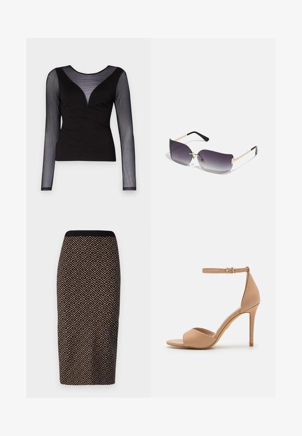 ONLY ONLBECKI BODYTOP - T-shirt à manches longues - black; Jupe crayon en tricot noir et beige avec un motif géométrique. Équipée d'une ceinture côtelée et d'une silhouette ajustée.; ALDO CRERIDE PILLOW WALK - Sandales - beige; Lunettes de soleil avec une lentille dégradée grise, une monture en métal doré et des accents en plastique noir. Lentilles uniques en forme de papillon avec des branches fines.; Boucles d'oreilles en or avec une finition lisse et brillante. Design circulaire présentant un petit clou et une attache transparente pour un port sécurisé.