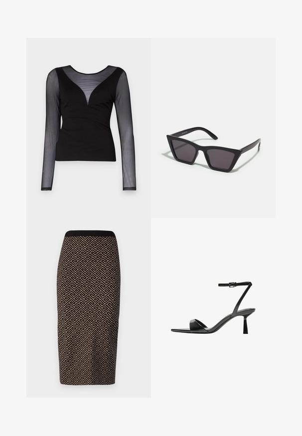 ONLY ONLBECKI BODYTOP - Longsleeve - black; Gebreide kokerrok in zwart en bruin met geometrisch patroon. Voorzien van een geribbelde tailleband en een aansluitende pasvorm.; Bershka Sandalen met hoge hak - black; Zwarte, hoekige zonnebril met grijze lenzen; gemaakt van plastic, met dikke armen met een gladde oppervlakte en zonder zichtbare hardware.; Gouden creolen met een gladde, glanzende afwerking. Circulaire vormgeving met een kleine post en een doorzichtige achterkant voor een veilige draagervaring.
