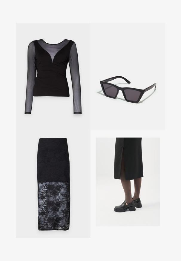 ONLY ONLBECKI BODYTOP - Top s dlhým rukávom - black; MSCH Copenhagen ANTONIE SKIRT - Puzdrová sukňa - black; Čierne kožené topánky s okrúhlou špičkou, silným blokovým opätkom a elastickými bočnými akcentmi, skombinované s tmavými pančuchami a čiernou sukňou so štiepením.; Čierne, ostré slnečné okuliare so sivými sklami; vyrobené z plastu, majú hrubé ramená s hladkým povrchom a bez viditeľnej mechaniky.