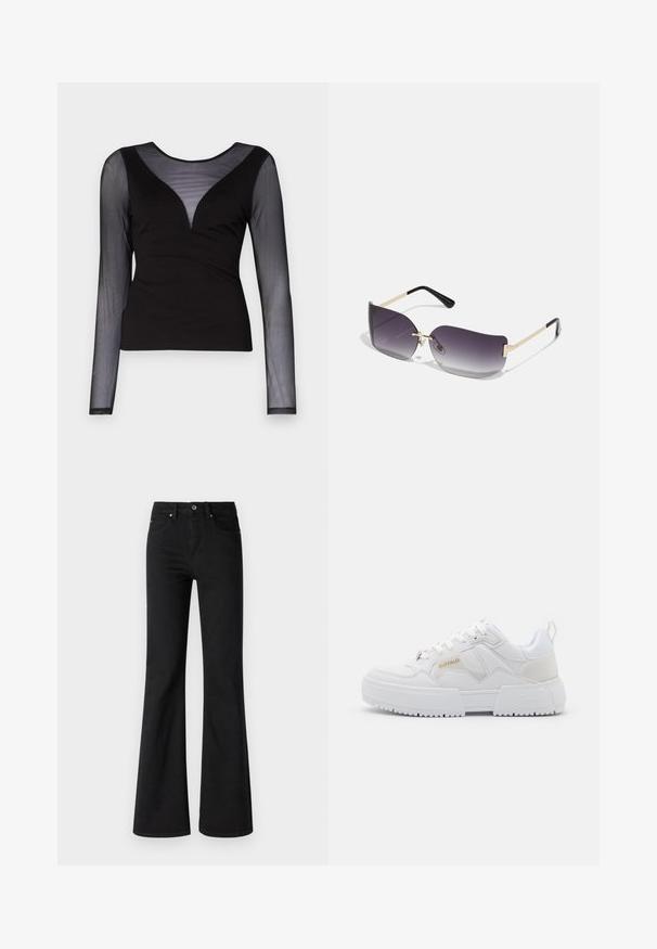 ONLY ONLBECKI BODYTOP - Majica z dolgimi rokavi - black; Črne flare jeans hlače iz denima z visokim pasom, ki imajo pet žepov, sprednji gumb in zadrgo, gladka tekstura.; Bele športne copate z masivnim dizajnom, ki vključujejo usnje in sintetične materiale, teksturirane detajle, vezalke ter izstopajoči logotip v zlati barvi.; Sončne očala s sivo naravnanimi lečami, zlatim kovinskim okvirjem in črnimi plastičnimi detajli. Edinstvene leče v obliki metulja z tankimi ročaji.; Zlate uhane v obliki obročkov z gladko, sijočo površino. Krožna zasnova s majhnim nosilcem in prozornim podplatom za varno nošenje.