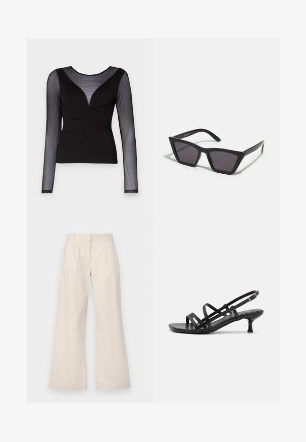 ONLY ONLBECKI BODYTOP - Langarmshirt - black; Beige weit geschnittene Hosen aus leichtem Stoff, mit flachem Bund, zwei Falten und einem klaren, minimalistischen Design.; Schwarze High Heels Sandalen mit mehreren überkreuzten Riemen. Glattes Material, spitze Zehenpartie und schmaler Absatz. Verstellbarer Knöchelriemen mit Schnalle.; Schwarze, eckige Sonnenbrille mit grauen Gläsern; aus Kunststoff gefertigt, mit dicken Bügeln, die eine glatte Oberfläche und keine sichtbaren Beschläge haben.; Silberne Creolen mit gedrehter Gestaltung, ausgestattet mit einer polierten Oberfläche und einer Steckverschluss. Sie haben einen Durchmesser von ca. 3 cm.