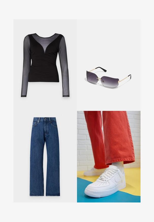 ONLY ONLBECKI BODYTOP - Top dugih rukava - black; Široke plave traperice s izblijedjelim efektom, s kopčanjem na dugme, petljicama za pojas i pet džepova za pohranu.; Bijele kožne tenisice s perforiranim prednjim dijelom, teksturiranim đonom i bijelim vezicama, u kombinaciji s širokim crvenim hlačama i plavo-žutom pozadinom.; Naočale sivi gradijent leća, zlatni metalni okvir i crni plastični naglasci. Jedinstvene leće u obliku leptira s tankim drškama.; Zlatne kružne naušnice s glatkom, sjajnom završnom obradom. Kružni dizajn s malom potporom i prozirnom podlogom za sigurno nošenje.