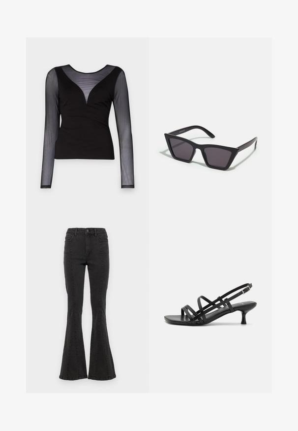 ONLY ONLBECKI BODYTOP - Pitkähihainen paita - black; Mustat denim-flares-housut, joissa on korkea vyötärö. Sivusaumat ja siisti viimeistely helmassa. Kangas on sileä ja siinä on hieman venyvyyttä.; Musta korkeakorkoiset sandaalit, joissa on useita ristikko-nauhoja. Sileä materiaali, teräväkärkinen malli ja kapea korko. Säädettävä nilkkahihna soljella.; Mustat, kulmikkaat aurinkolasit harmailla linsseillä; valmistettu muovista, paksuilla varsilla, joissa on sileä pinta ja ilman näkyvää metalliosaa.; Kultaketjut kullasta, joissa on sileä, kiiltävä pinta. Pyöreä muotoilu, jossa on pieni tappi ja kirkas taustalevy turvalliseen käyttöön.