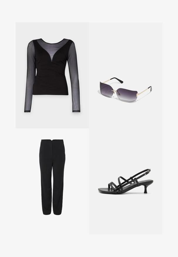 ONLY ONLBECKI BODYTOP - Topper langermet - black; Sorte bukser med rett ben-design, med to fork pockets og en glatt tekstur. Subtile søm detaljer foran.; Svarte hæl sandaler med flere krysset remmer. Glatt materiale, spiss tå og smal hæl. Justerbar ankelrem med spenne.; Solbriller med grå gradientlinser, gullmetallramme og svarte plasthøyder. Unike sommerfuglformede linser med tynne armer.; Gullfarget metalløredobber med et elegant, buet design. Har en karakteristisk spiss form, polert overflate og hengsel-lukking.