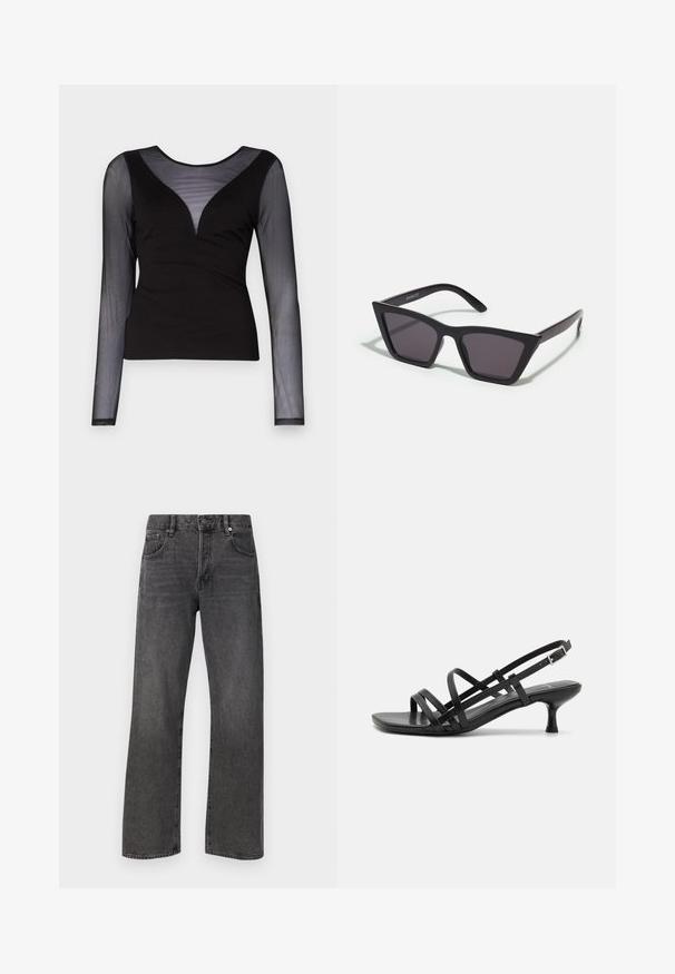 ONLY ONLBECKI BODYTOP - Pikkade varrukatega topp - black; Mustad denim püksid sirge lõikega, millel on klassikaline viie-tasku stiil ja nähtav õmblus õmbluste ääres.; Mustad musta kandaga sandaalid, millel on mitmed risti minevad rihmad. Sile materjal, terav nina ja kitsas konts. Reguleeritav pahkluuri rihm klambriga.; Mustad mustrakellad, millel on hallid šabloonid; valmistatud plastist, paksude ja siledate kätega, ilma nähtava riistvarata.; Kuldne rõngassõrmused sileda ja läikiva viimistlusega. Ringikujuline disain, millel on väike post ja selge tagumine külg, et tagada kindel kandmine.