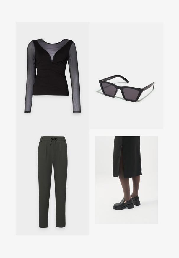 ONLY ONLBECKI BODYTOP - Longsleeve - black; Donkergroene toelopende broek met een trekkoord in de taille, met plooien en een gestructureerde stof. Glad, slank model zonder zakken.; Zwarte leren schoenen met een ronde neus, dikke blokhak en elastische zijkanten, gecombineerd met donkere panty's en een zwarte rok met een split.; Zwarte, hoekige zonnebril met grijze lenzen; gemaakt van plastic, met dikke armen met een gladde oppervlakte en zonder zichtbare hardware.; Zwarte hobotas gemaakt van glad, leerachtig materiaal met een gedraaide handgreep, met een zachte, ronde vorm en een ritsluiting aan de bovenkant.; Gouden creolen met een gladde, glanzende afwerking. Circulaire vormgeving met een kleine post en een doorzichtige achterkant voor een veilige draagervaring.