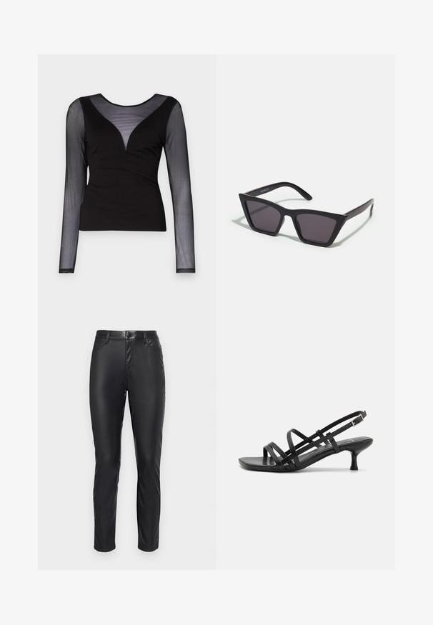 ONLY ONLBECKI BODYTOP - Pikkade varrukatega topp - black; Mustad kunstnahast püksid stiilse disainiga, millel on nahkjakk, viis taskut ja lukuga nööp sulgemine vööosa juures.; Mustad musta kandaga sandaalid, millel on mitmed risti minevad rihmad. Sile materjal, terav nina ja kitsas konts. Reguleeritav pahkluuri rihm klambriga.; Mustad mustrakellad, millel on hallid šabloonid; valmistatud plastist, paksude ja siledate kätega, ilma nähtava riistvarata.; Must värvi hobo kott, mis on valmistatud siledast nahataolisest materjalist, keeratud käepidemega, pehme ja ümar kuju ning ülemise tõmblukuga sulgur.; Kuldne rõngassõrmused sileda ja läikiva viimistlusega. Ringikujuline disain, millel on väike post ja selge tagumine külg, et tagada kindel kandmine.