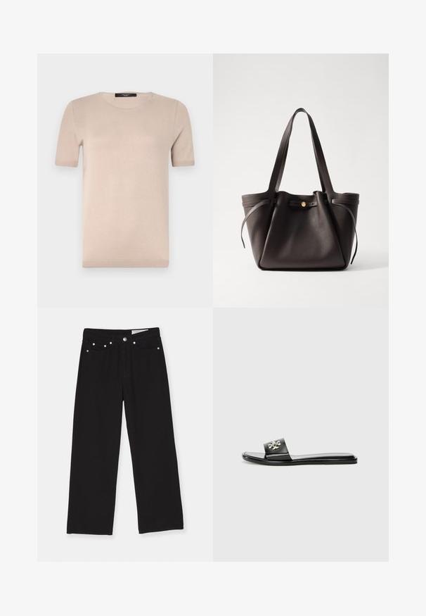 Bees värvi lühikeste varrukatega kootud topp ümmarguse kaelusega, millel on sile tekstuur ja ribatud äär. Lihtne, klassikaline disain, ideaalne kihiti kandmiseks.; Mustad mustad joodid, mis on valmistatud denimist, viie taskuga disainiga, nuppude kinnitusega ja metallist riistvaraga aktsentidega. Tekstureeritud kangas sujuva viimistlusega.; Musta lamedate sandaal, mis on valmistatud sünteetilisest materjalist, laia rihmaga, millel on metallist logo aktsent ja sile, läikiv pinnatöötlus.; Tumepruun nahast käekott, millel on kaks tugevat sangat, kokku tõmmatav ülemine osa ja kuldse tooni nupuvajutus. Tekstuuriga pind minimaalsete aktsentidega.