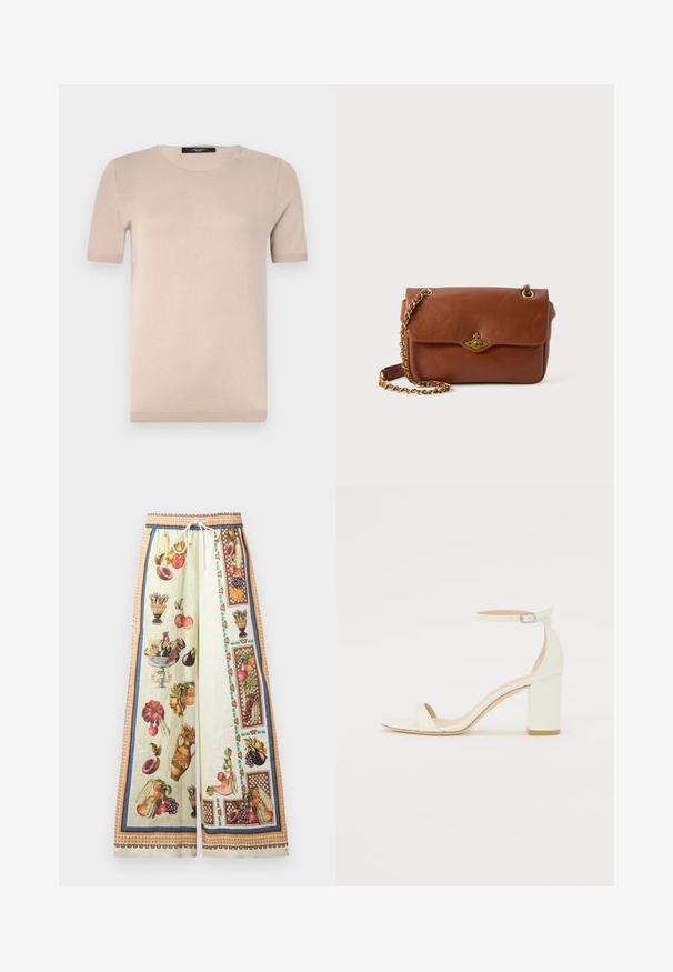 Bežový pletený top s krátkym rukávom a okrúhlym výstrihom, s hladkou textúrou a ribbovaným lemom. Jednoduchý, klasický dizajn ideálny na vrstvenie.; Široké nohavice z ľahkého materiálu so svetlozeleným podkladom a farebnými ilustráciami ovocia a váz. Elastický pás s šnúrkou.; Biele kožené sandále na blokovom podpätku s remienkom okolo členku a minimalistickým dizajnom. Otvorená špička a hladké textúry po celom povrchu.; Hnedá kožená crossbody taška so skladacím uzáverom, zlatými kovovými detailmi a reťazovou rukoväťou. Hladký povrch, obdĺžnikový tvar, minimálne detaily.