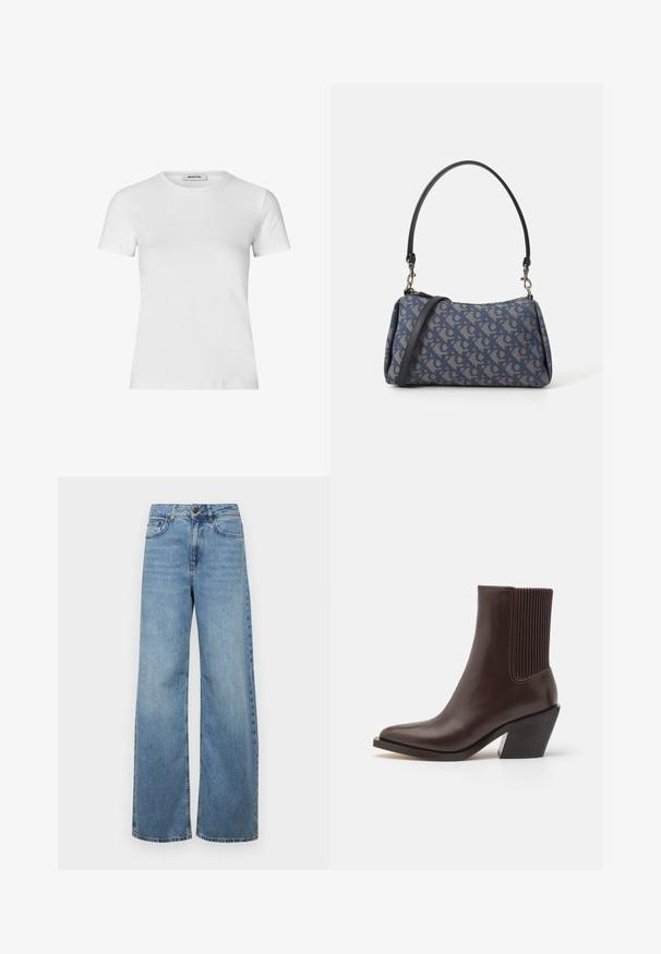 Biała koszulka z krótkim rękawem z bawełny. Posiada okrągły dekolt oraz dopasowany krój, z gładką teksturą i bez widocznych wzorów.; Jasnoniebieskie szerokie dżinsy wykonane z denimu, charakteryzujące się wysokim stanem, przednimi kieszeniami oraz klasycznym pięciokieszeniowym wzorem, z delikatnym wyblaknięciem.; COACH PRESTYN  ciemnobrązowy; Niebieska torebka wzorzysta, wykonana z tkaniny, o zaokrąglonym kształcie, z czarnym skórzanym uchwytem i logo zaprojektowanym w jaśniejszym odcieniu.
