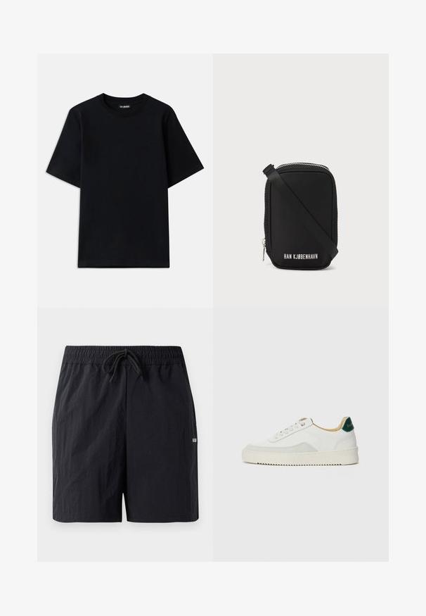 Svart bomullströja med rund halsringning och korta ärmar. Har subtil logobroderi på vänstra bröstet. Slät, jämn yta.; Svarta simshorts gjorda av texturerat tyg, med ett elastiskt midjeband och dragsko samt en liten logotyp på sidan.; Vit sneaker med mockadetaljer, rund tå, platta snören och en krämfärgad gummisula. Har grön branding på hälen.; Svart väska med rektangulär form, tillverkad av slätt material. Har en dragkedja upptill, justerbar rem och vit text: "HAN KJØBENHAVN."