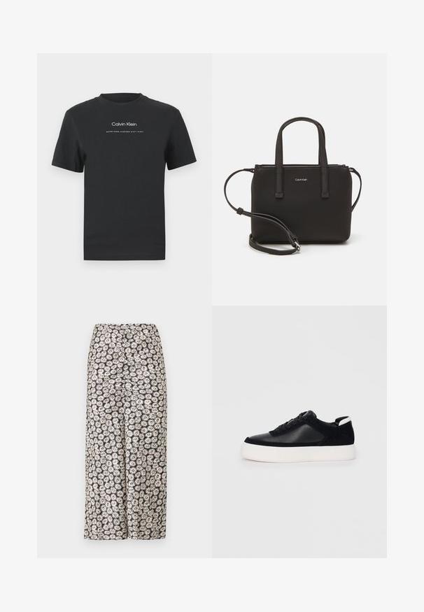 Čierne bavlnené tričko s okrúhlym výstrihom, kratkými rukávmi a bielou potlačou loga "Calvin Klein" a textu "Established 1968".; Kvetinové nohavice s širokými nohavicami, ktoré majú čierne pozadie s bielymi sedmokráskami a červenými akcentmi, vyrobené z ľahkej tkaniny s hladkou textúrou.; Čierne tenisky s hladkou kožou a semišovými panelmi, plochými šnúrkami, zaoblenou špičkou a bielou gumovou podrážkou. Výrazné logo na päte.; Čierna kabelka s dvojitými krátkymi rúčkami a odnímateľným ramenným popruhom. Hladký materiál podobný koži s uzatváraním na zips a detailom loga.