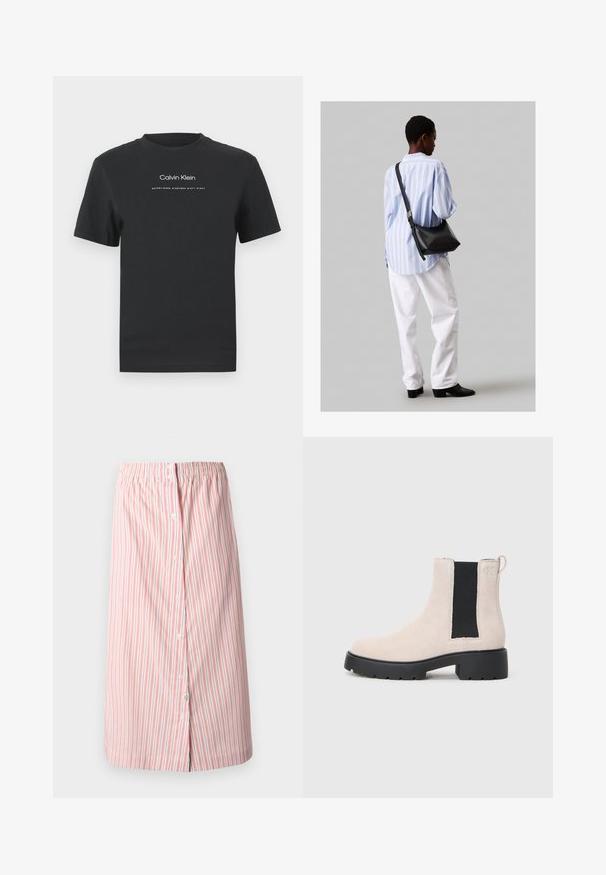 Čierne bavlnené tričko s okrúhlym výstrihom, kratkými rukávmi a bielou potlačou loga "Calvin Klein" a textu "Established 1968".; Prúhovaná sukňa v bielej farbe s červenými vertikálnymi pruhmi, so širokým elastickým pásom, prednými gombíkmi a rovný strih do kolien.; Béžová semišová Chelsea obuv s čiernym elastickým bočným panelom, masívnou čiernou podrážkou a pútkom na členku.; Čierna kožená ramenná taška so mäkkou textúrou, trojuholníkovým tvarom a nastaviteľným popruhom, skombinovaná s svetlomodrou pruhovanou košeľou a bielymi nohavicami.