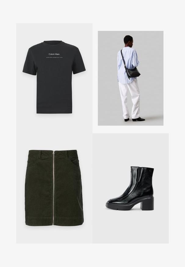 Fekete pamut póló kerek nyakkivágással, rövid ujjakkal, fehér nyomott "Calvin Klein" logóval és "Established 1968" felirattal.; Sötétzöld kordbársony szoknya elülső cipzárral, két oldalsó zsebbel és finoman illeszkedő siluettel, amelyen enyhe függőleges bordázás található.; Fekete lakkbőr bokacsizma ívelt orral, elasztikus oldalpanelek és vastag blokk sarkal. A hátsó részen dombornyomott logó található.; Fekete bőr válltáska puha tapintással, háromszög alakú, állítható pánttal, világoskék csíkos inggel és fehér nadrággal párosítva.