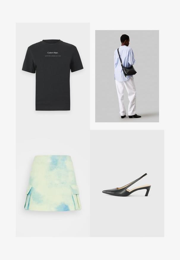 Čierne bavlnené tričko s okrúhlym výstrihom, kratkými rukávmi a bielou potlačou loga "Calvin Klein" a textu "Established 1968".; Krátka A-štýlová sukňa v pastelovom akvarelovom vzore s modrými a zelenými tónmi. Obsahuje bočné vrecká a hladký povrch textília.; Čierne slingback topánky s ostrou špičkou a nízkym opätkom, vyrobené z hladkej kože a s výrezmi na boku pre lepšiu priedušnosť.; Čierna kožená ramenná taška so mäkkou textúrou, trojuholníkovým tvarom a nastaviteľným popruhom, skombinovaná s svetlomodrou pruhovanou košeľou a bielymi nohavicami.