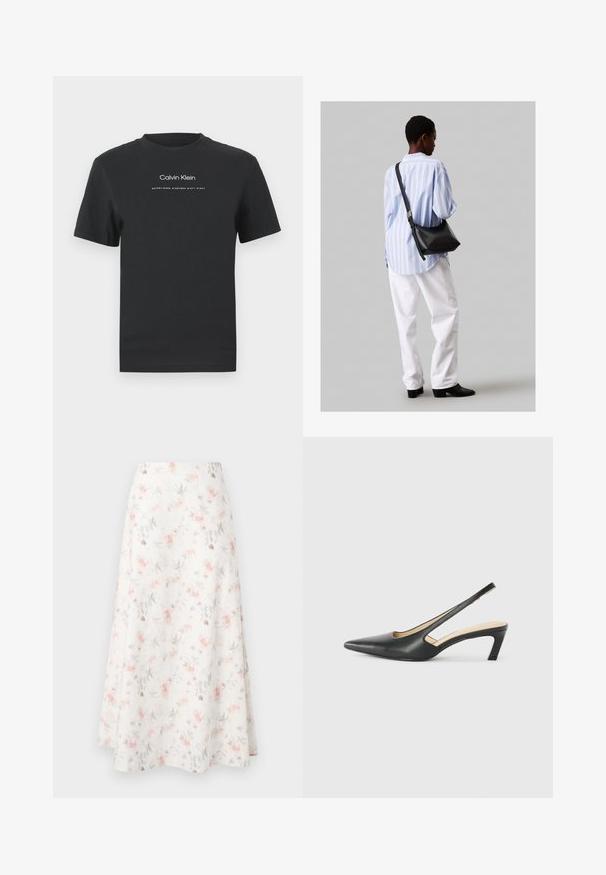 Svart bomull T-skjorte med rund hals, korte ermer, og hvit trykt "Calvin Klein" logo og tekst "Etablert 1968".; Blomstrete midi-skjørt i hvitt stoff, med et akvarellmønster av rosa og grå blomster, utsvingt design og glatt tekstur.; Svart spiss tå slingback-sko med lav hæl, laget av jevnt skinnmateriale og med utskåret design på siden for pusteevne.; Svart lær skulderveske med en myk tekstur, trekantet form og justerbar stropp, kombinert med en lyseblå stripete skjorte og hvite bukser.