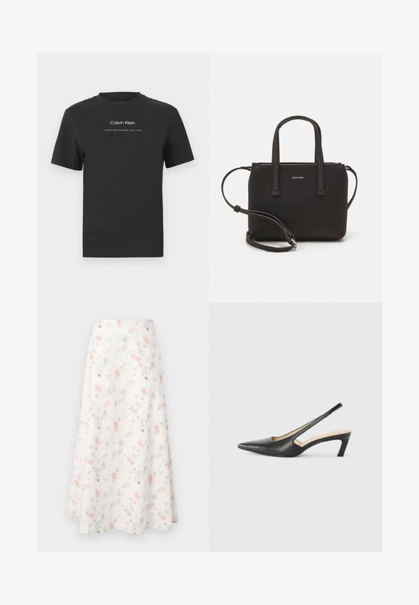 Schwarzes Baumwoll-T-Shirt mit Rundhalsausschnitt, kurzen Ärmeln und weißem Druck des "Calvin Klein" Logos sowie dem Text "Established 1968".; Blumiger Midi-Rock aus weißem Stoff, mit einem Aquarellmuster von pinken und grauen Blumen, ausgestelltem Design und glatter Textur.; Schwarzer spitz zulaufender Slingback-Schuh mit niedrigem Absatz, der aus glattem Leder gefertigt ist und seitliche Ausschnitte für Atmungsaktivität aufweist.; Schwarze Handtasche mit zwei kurzen, doppelt geflochtenen Griffen und einem abnehmbaren Schulterriemen. Glattes, lederähnliches Material mit einem Reißverschluss und Logodetail.