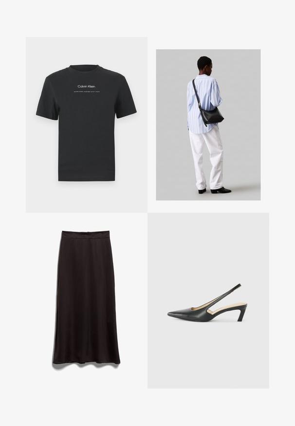 Fekete pamut póló kerek nyakkivágással, rövid ujjakkal, fehér nyomott "Calvin Klein" logóval és "Established 1968" felirattal.; Fekete selyem midi szoknya sima textúrával, egyenes szabással és derékpánttal. Nincsenek látható minták vagy fém részletek.; Fekete, hegyes orrú, slingback cipő alacsony sarkával, sima bőrből készült, oldalt kivágott deisgnal a légáteresztőképesség érdekében.; Fekete bőr válltáska puha tapintással, háromszög alakú, állítható pánttal, világoskék csíkos inggel és fehér nadrággal párosítva.