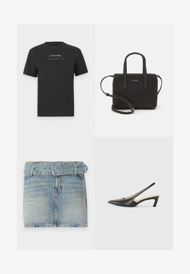 Juodas medvilninis marškinėliai su apvaliu kaklu, trumpomis rankovėmis ir baltu spausdintu "Calvin Klein" logotipu bei tekstu "Įkurtas 1968".; Džinsinė trumpa sijonas su šviesiai mėlyna plovimo danga, su diržu ir metaliniu sagtimi, penkiomis kišenėmis bei subtiliu blukimu tekstūrai.; Juodas smailus slingback batelis su žemu kulnu, pagamintas iš lygaus odos paviršiaus ir su išpjovomis šone, užtikrinančiomis oro pralaidumą.; Juoda rankinė su dviem trumpais rankenėlėmis ir nuimamu petį. Lygaus odos tipo medžiaga su užtrauktuku ir logotipo detale.