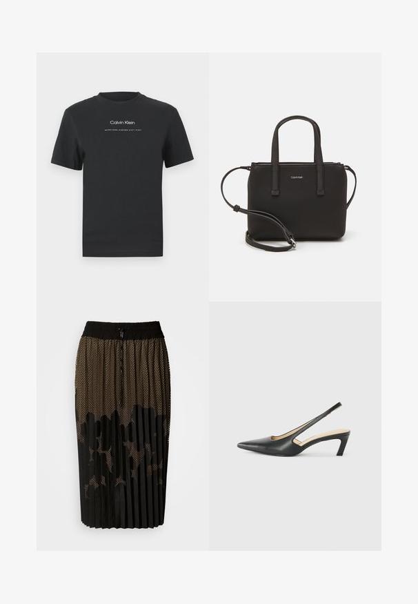 Črna bombažna majica s krožnim izrezom, kratkimi rokavi in belim potiskanjem logotipa "Calvin Klein" ter besedilom "Ustanovljen 1968".; Črna plisirana krila z mrežasto prevleko, ki ima pikčasto vzorčenje, elastični pas z vrvico ter srednje dolg kroj.; Črne čevlje s koničastimi nosovi in slingback obliko z nizko peto, izdelane iz gladke usnjene materiale ter s črtasto zasnovo na strani za prezračevanje.; Črna torbica z dvema kratkima ročajema in odstranljivim naramnim trakom. Gladek usnju podoben material z zadrgo in podrobnostmi z logotipom.
