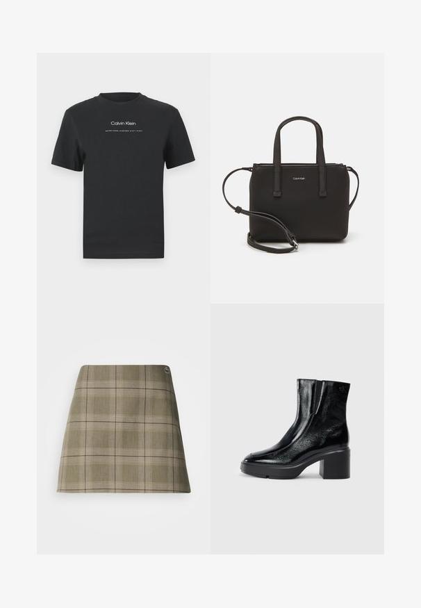 Musta puuvillainen T-paita, jossa on pyöreä pääntie, lyhyet hihat ja valkoinen painettu "Calvin Klein" -logo sekä "Established 1968" -teksti.; Plaid minihame väri oliivinvihreä ja beige, suora muotoilu, hienovarainen rakenne ja pieni logon yksityiskohta vyötärön lähellä.; Musta patentoitu nahkasaappaat nilkkoihin, joissa on kaareva kärki, joustavat sivupaneelit ja paksu lohkoilut. Takana on kohokuvioitu logo.; Musta käsilaukku, jossa on kaksinkertaiset lyhyet kahvat ja irrotettava olkahihna. Silkkinen nahkatunneinen materiaali, jossa on vetoketjukiinnitys ja logoyksityiskohta.