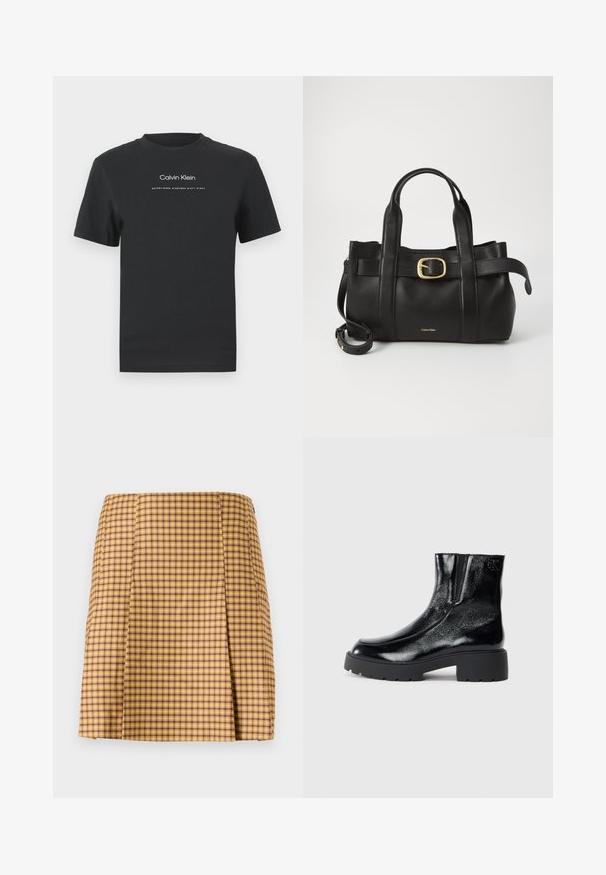 Must musta T-särk, millel on ümmargune kaelus, lühikesed varrukad ja valge trükitud "Calvin Klein" logo ning tekst "Asutatud 1968".; Kollane ja lillakas ruuduline seelik sirge lõikega, millel on esiosas peen palak ja sile kangas.; Mustad mustad tossud läikiva patendi nahaga viimistlusega, jäme musta kummist tald ja kõrgendatud konts; sisaldab külgedel peent logodegust.; Must mustraga nahkakott, millel on struktureeritud disain, kaks ülemist kanda, kuldse tooni pandla aktsent ja esiküljel embosseeritud brändi logo.