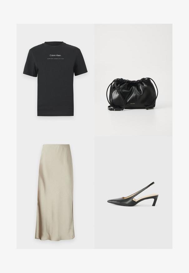 T-shirt en coton noir avec un col rond, des manches courtes, et un logo "Calvin Klein" imprimé en blanc ainsi que le texte "Established 1968".; Une longue jupe beige clair en tissu lisse présente une légère brillance et un ourlet évasé, offrant un design épuré et minimaliste.; Slingback noir à bout pointu avec un petit talon, en cuir lisse et doté d'un design découpé sur le côté pour plus de respirabilité.; Sac à main en cuir noir avec un design froncé, fermeture à double cordon et bandoulière amovible. Présente un détail de logo métallique.