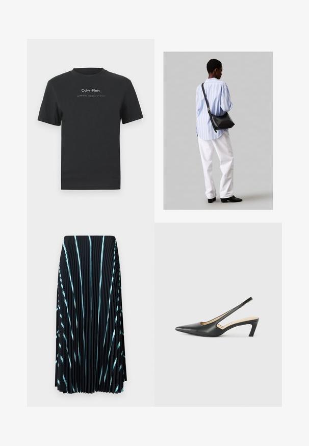 Fekete pamut póló kerek nyakkivágással, rövid ujjakkal, fehér nyomott "Calvin Klein" logóval és "Established 1968" felirattal.; Fekete plissé szoknya világoskék átlós csíkokkal. Könnyű, textúrált anyagból készült. Középtalpig ér, és nincs rajta látható záródás.; Fekete, hegyes orrú, slingback cipő alacsony sarkával, sima bőrből készült, oldalt kivágott deisgnal a légáteresztőképesség érdekében.; Fekete bőr válltáska puha tapintással, háromszög alakú, állítható pánttal, világoskék csíkos inggel és fehér nadrággal párosítva.