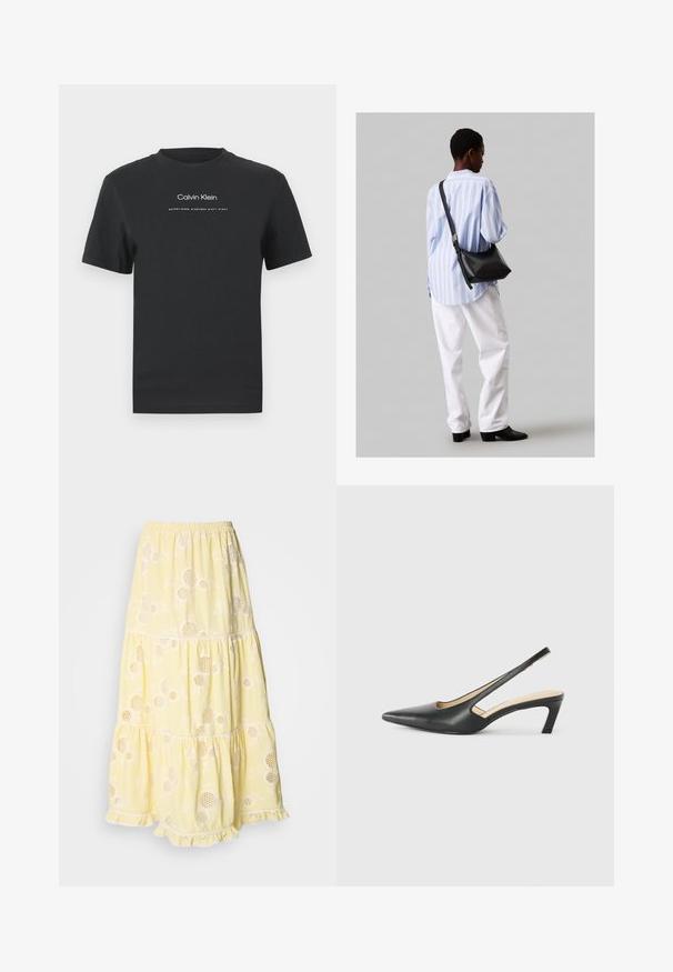 Tricou din bumbac negru cu guler rotund, mâneci scurte și logo-ul imprimat „Calvin Klein” în alb, împreună cu textul „Established 1968”.; Fustă galbenă, în straturi, realizată dintr-un material ușor, cu modele florale și decupaje circulare. Talie elastică și dantelă la tiv.; Pantof cu toc mic, cu vârf ascuțit și slingback, realizat din piele netedă, având un design decupat pe lateral pentru respirabilitate.; Geantă de umăr din piele neagră cu o textură moale, formă triunghiulară și curea ajustabilă, asortată cu o bluză cu dungi albastre deschise și pantaloni albi.