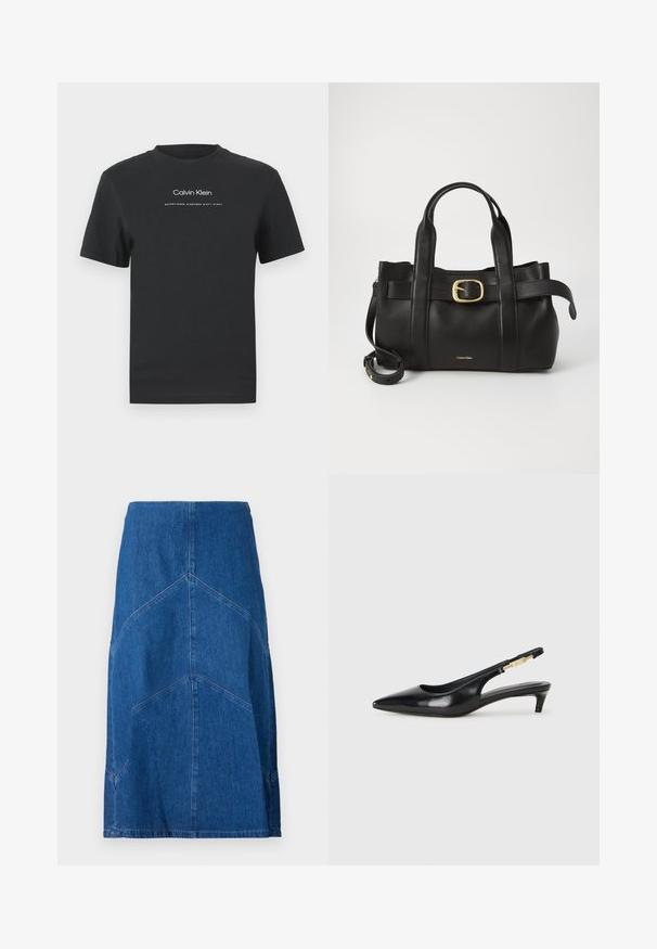 Juodas medvilninis marškinėliai su apvaliu kaklu, trumpomis rankovėmis ir baltu spausdintu "Calvin Klein" logotipu bei tekstu "Įkurtas 1968".; Tamsiai mėlynas džinsinis pieštuko sijonas su vertikaliomis siūlėmis ir tiesia siluetu. Yra juosmens juosta ir nebaigtas kraštas.; Juodas odinis pavasario batelių modelis su smailiu nosiu, turintis siaurą kulniuką ir auksinės spalvos akcentu reguliuojamoje juostoje. Lygi tekstūra.; Juodas odinis rankinės maišas su struktūrizuotu dizainu, dviem viršutinėmis rankenomis, auksinės spalvos sagtimi ir iškilniu prekės ženklu priekyje.