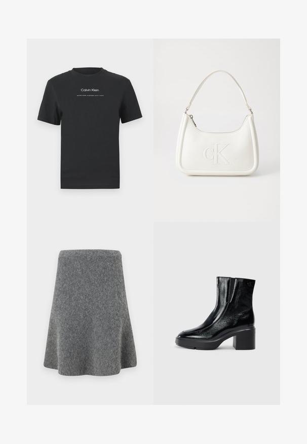 Melna kokvilnas T-kreklā ar apaļu apkakli, īsām piedurknēm un baltu uzdrukātu "Calvin Klein" logotipu un tekstu "Izveidots 1968".; Pelēka A-līnijas svārki no mīksta, strukturēta materiāla. Ar pieguļošu jostu un izplestu apakšmalu, nodrošinot glītu siluetu.; Melnas lakotas ādas potītes zābaki ar izliekto purngalu, elastīgām sānu paneļiem un masīvu blokveida papēdi. Aizmugurē ir izsistā logo.; Balta ādas rokassoma ar noapaļotu formu, uz kuras priekšpuses ir izgriezts "CK" logo un viena plecu siksna. Augšā aizverama ar rāvējslēdzēju.