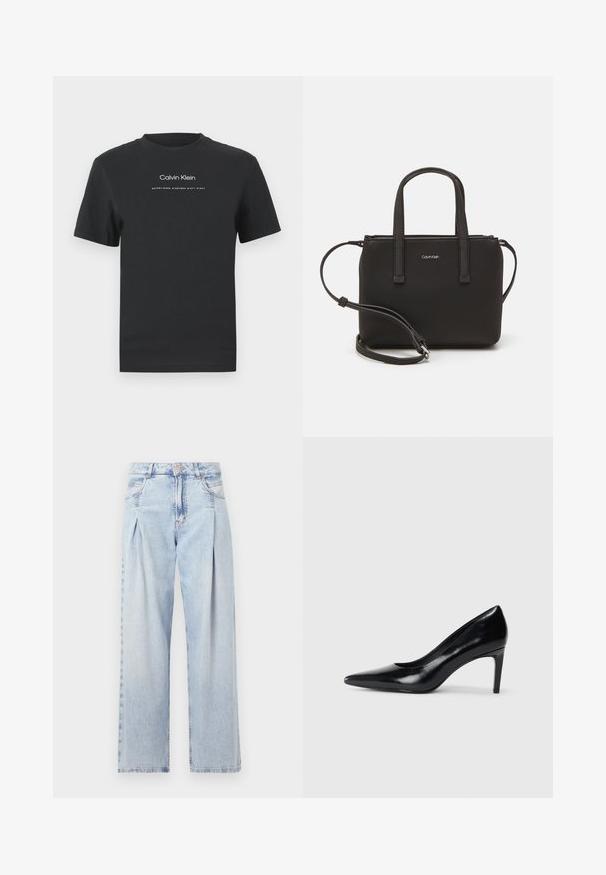 Čierne bavlnené tričko s okrúhlym výstrihom, kratkými rukávmi a bielou potlačou loga "Calvin Klein" a textu "Established 1968".; Svetlomodré džínsy s vysokým pásom, širším strihom po celej dĺžke, dvoma bočnými vreckami a skladaným dizajnom. Mäkka textúra s vyblednutým vzhľadom.; Čierna kožená vysoká topánka s ihlovým podpätkom a špičatou špicou, hladkou textúrou a zúženým podpätkom. Minimalistický dizajn, bez ďalších ozdôb.; Čierna kabelka s dvojitými krátkymi rúčkami a odnímateľným ramenným popruhom. Hladký materiál podobný koži s uzatváraním na zips a detailom loga.
